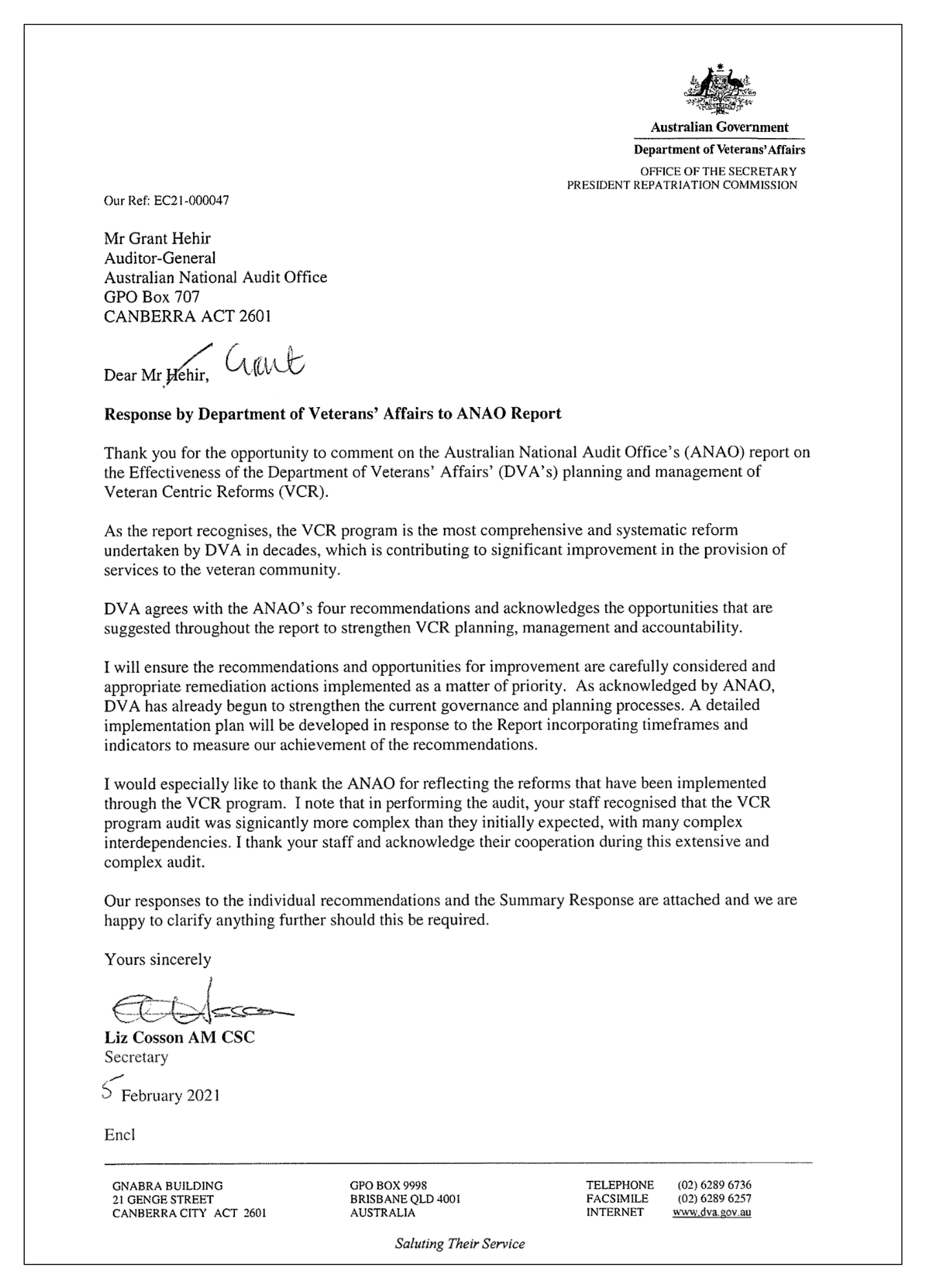 Response by the Department of Veterans’ Affairs to this report. You can find a summary of this report in the first chapter. 