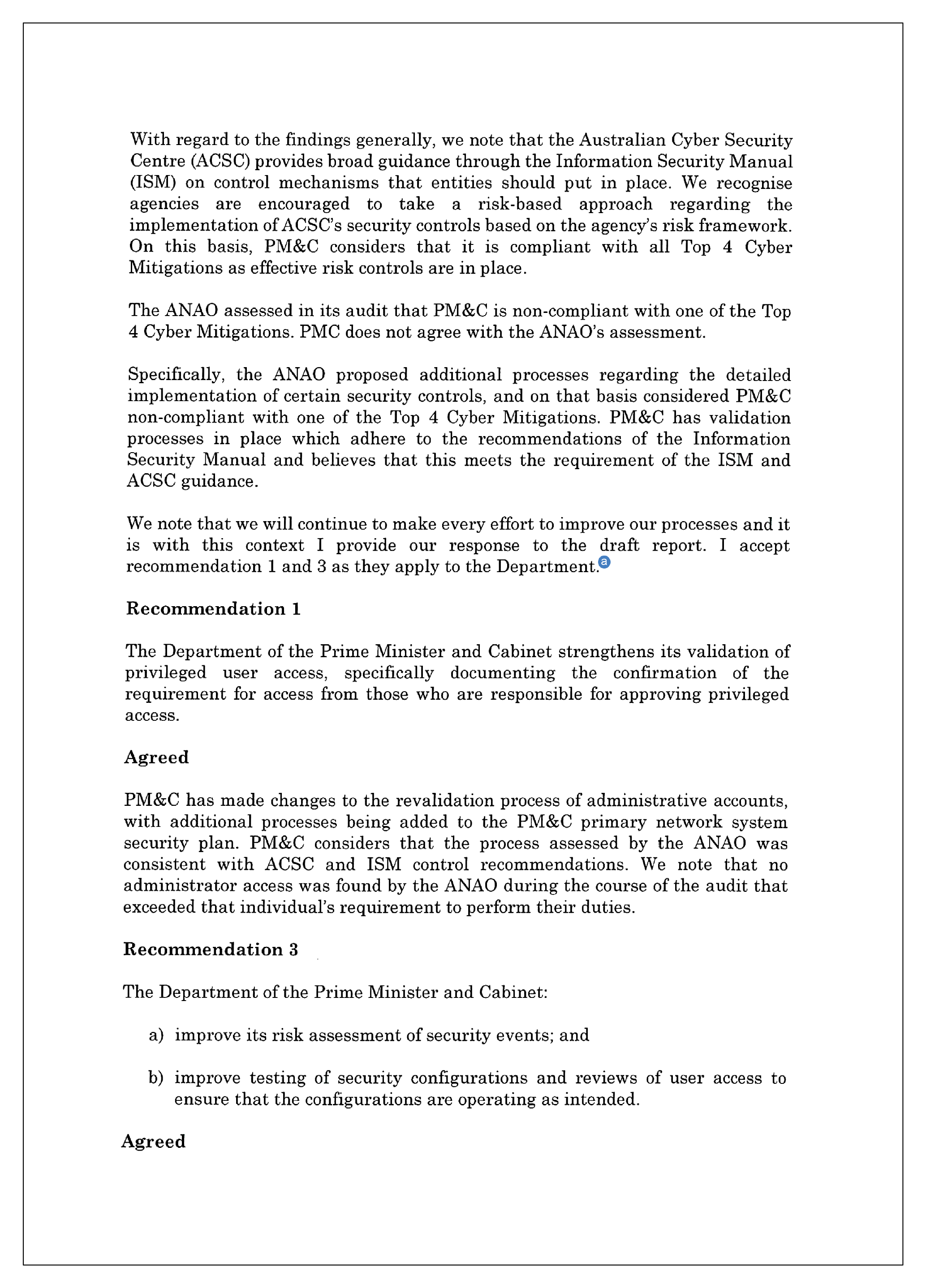 Page 2 of 3 of the entity response from the Department of Prime Minister and Cabinet. This page contains note A, which corresponds with the ANAO comment following page 3 of this response. You can find a summary of the response in the summary and recommendations chapter of this report.