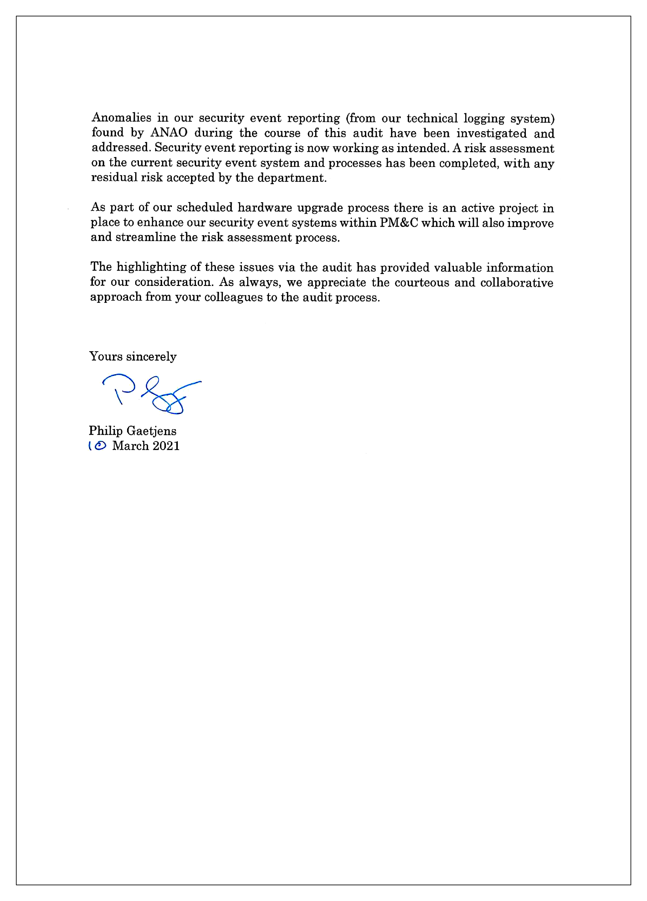 Page 3 of 3 of the entity response from the Department of Prime Minister and Cabinet. You can find a summary of the response in the summary and recommendations chapter of this report.