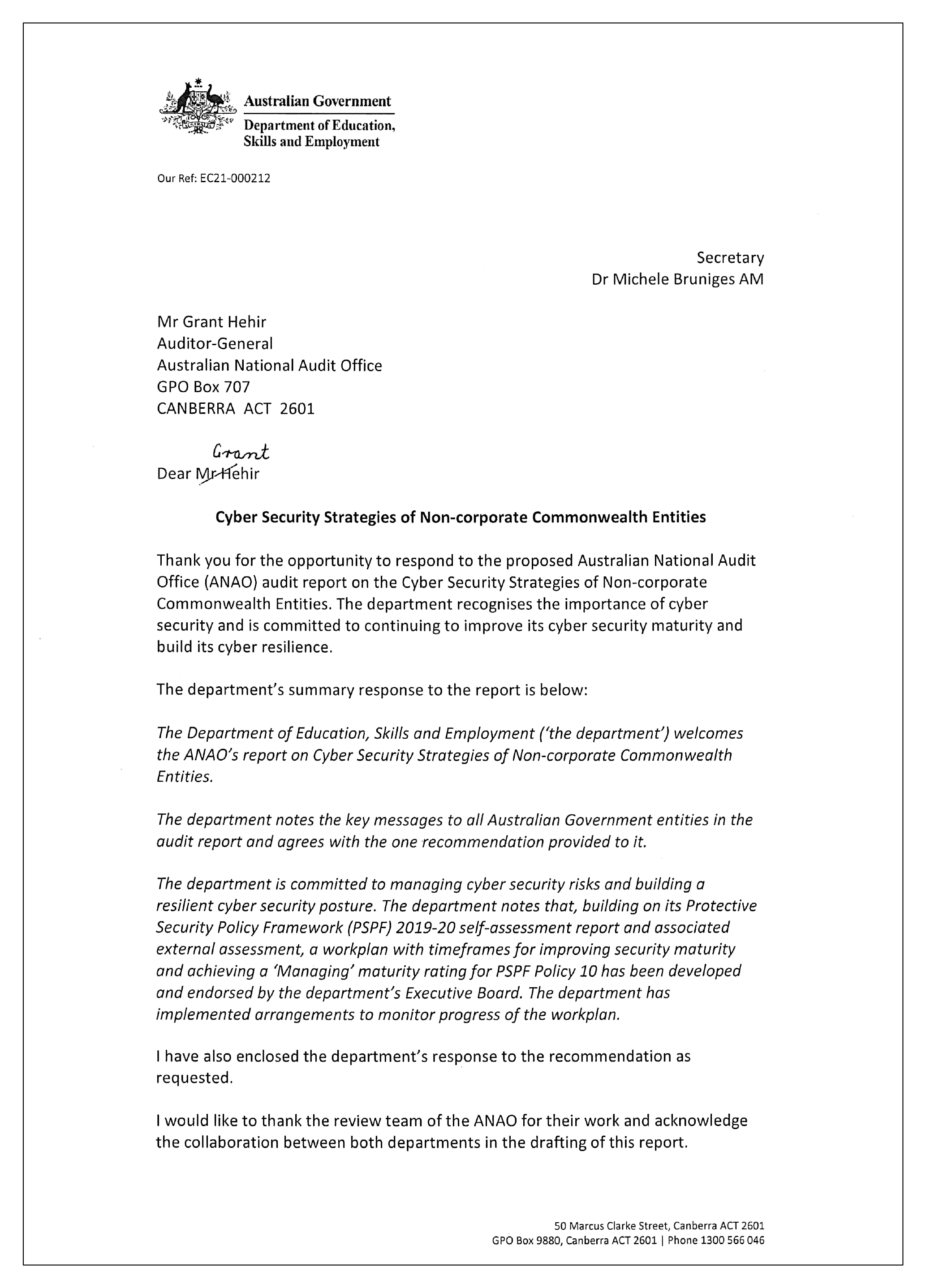 Page 1 of 2 of the entity response from the Department of Education, Skills and Employment. You can find a summary of the response in the summary and recommendations chapter of this report.