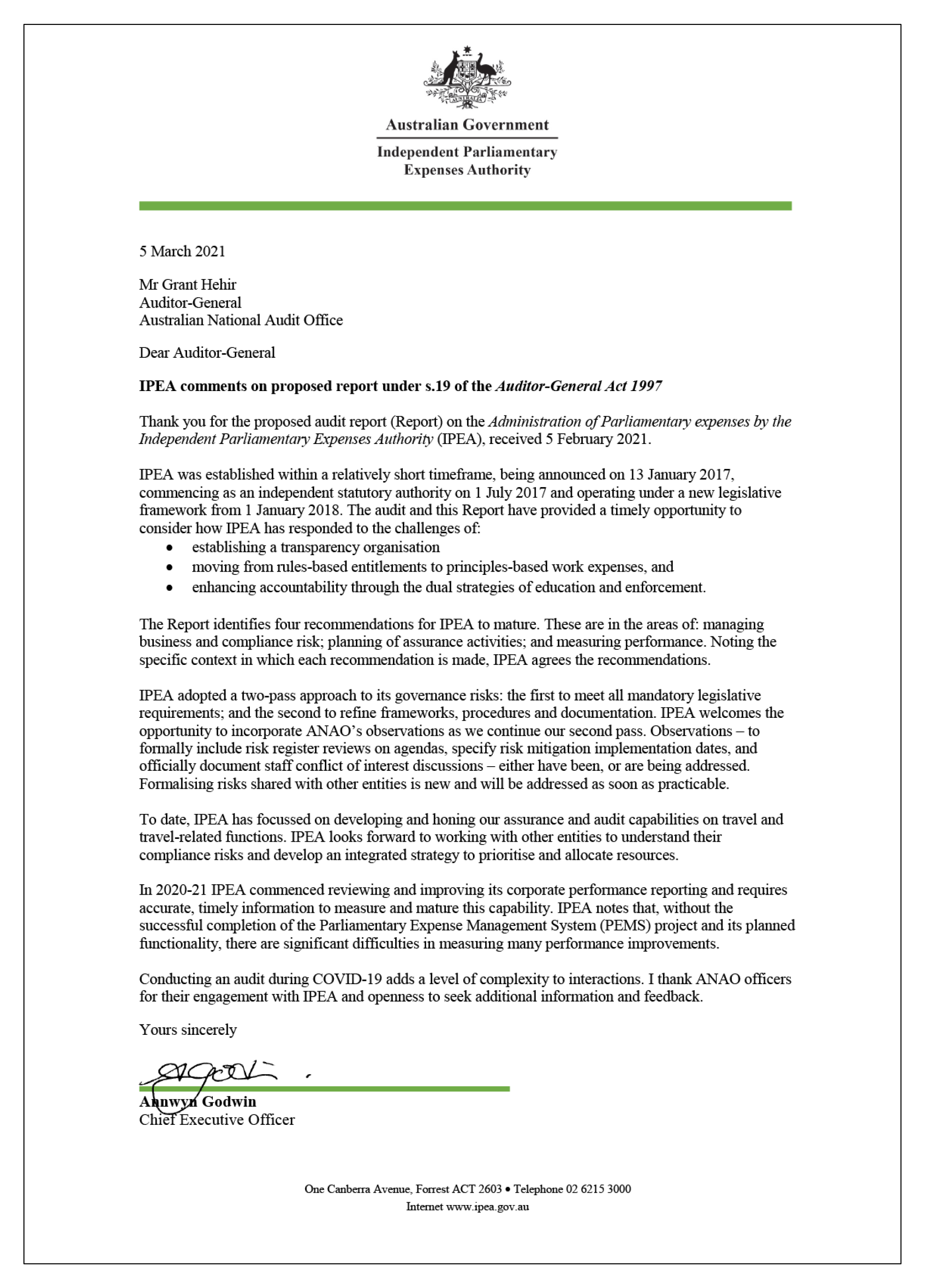 The entity response from the Independent Parliamentary Expenses Authority. A summary of this response can be found in the summary and recommendations chapter of this report. 
