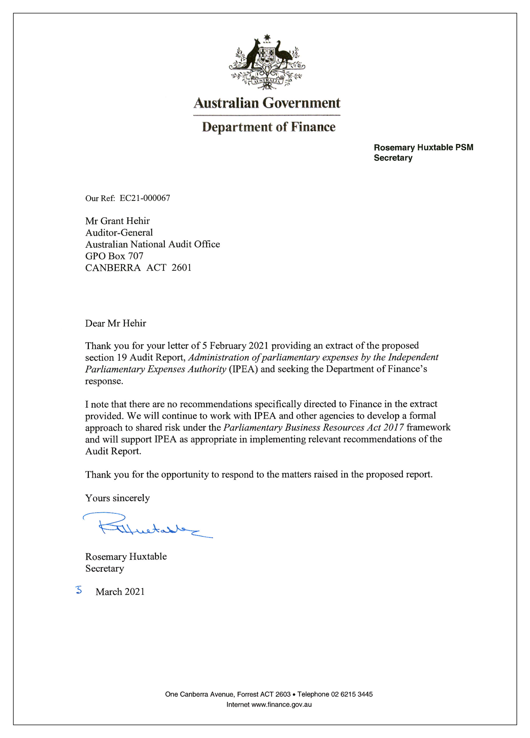 The entity response from the Department of Finance.