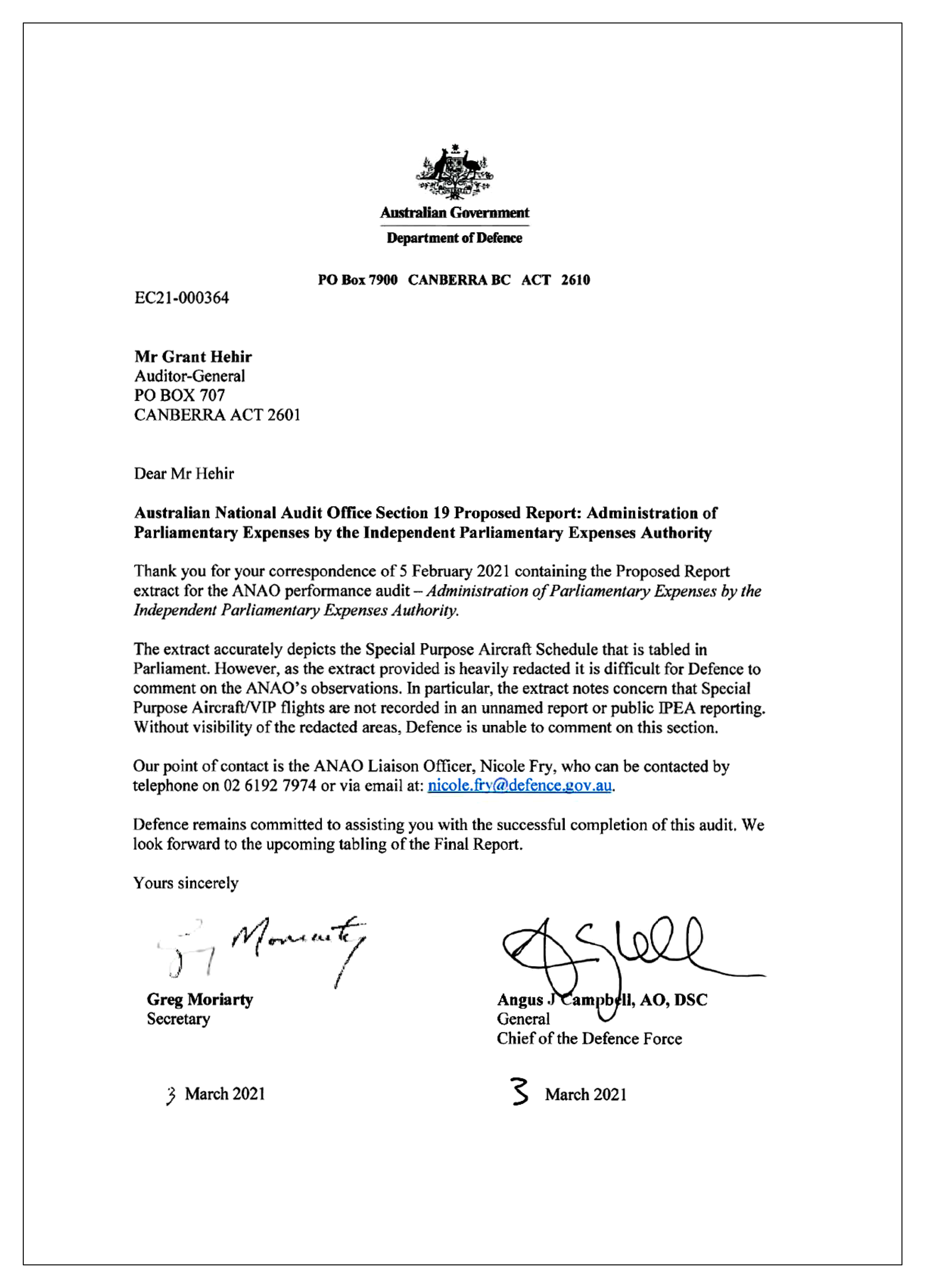 The entity response from the Department of Defence.
