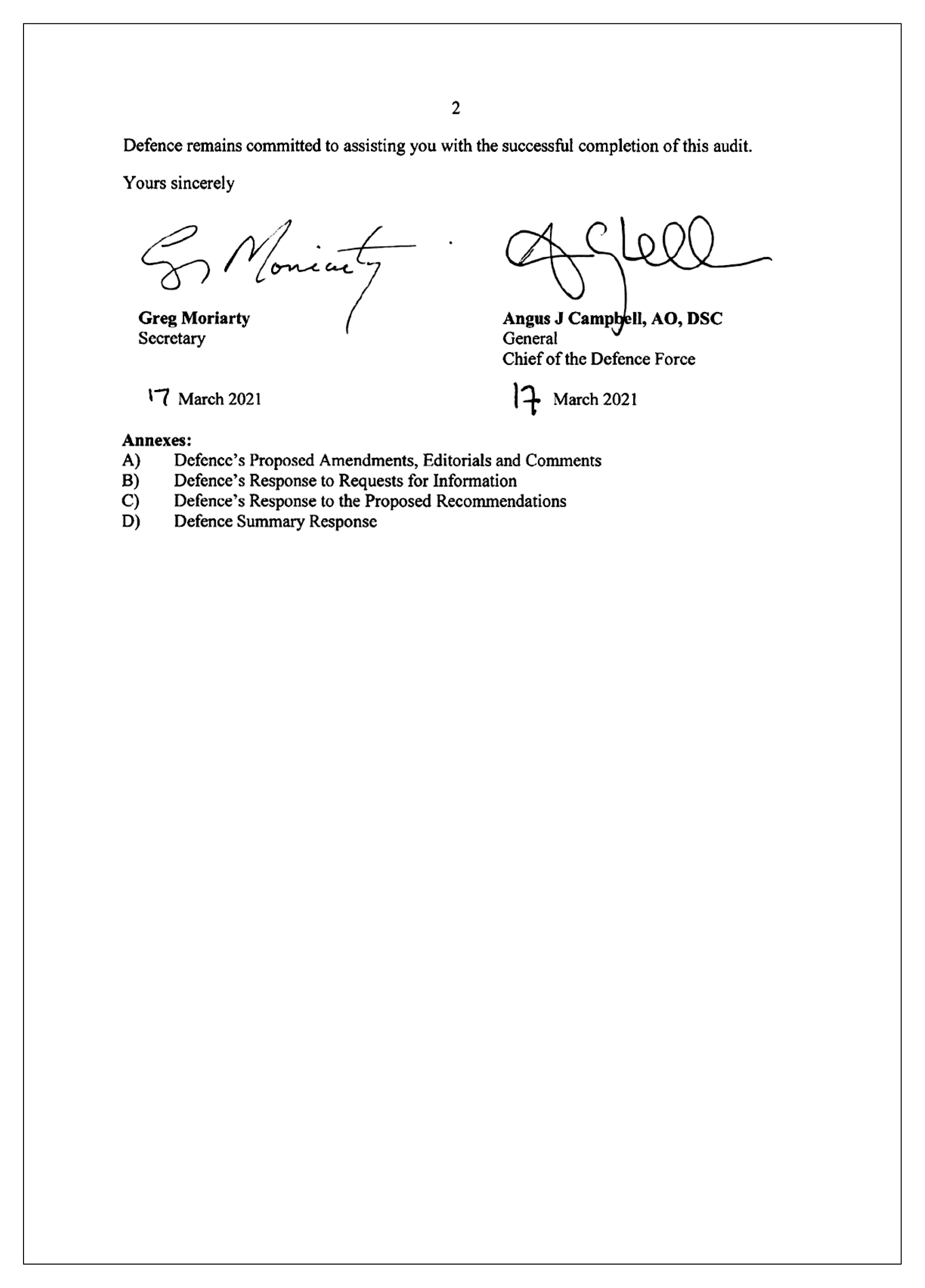 The second page of the response from the Department of Defence. You can find a summary of the response in the first chapter of this report. 
