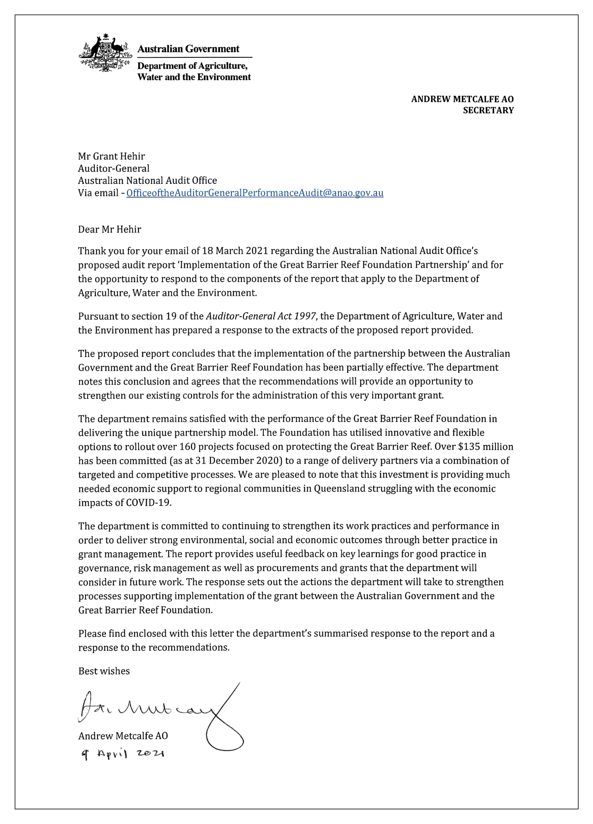 The response from the Department of Agriculture, Water and the Environment. You can find a summary of the response in the first chapter of this report. The response from the Department of Agriculture, Water and the Environment. You can find a summary of the response in the first chapter of this report.