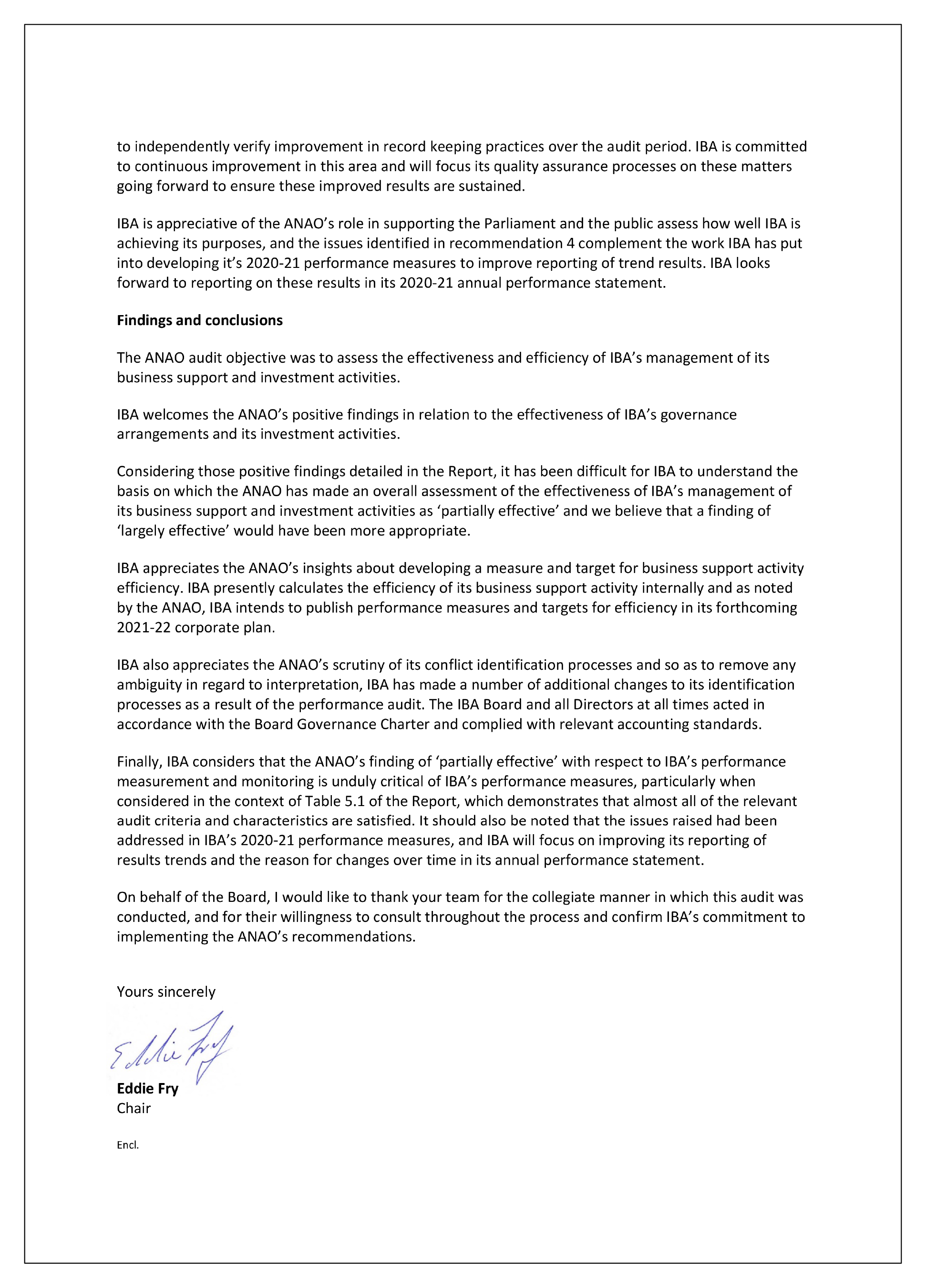 Page 2 of the response from the Chair of Indigenous Business Australia Page 2 of the response from the Chair of Indigenous Business Australia. You can find a summary of the response in the summary and recommendations chapter of this report.