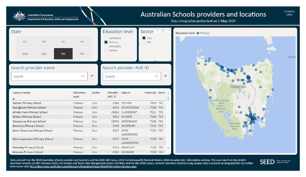 An example screenshot of the SEED platform interface. The platform allows users looking for Australian schools providers and location to filter information by factors such as state, education level, sector and search provider name. The example screenshot 
