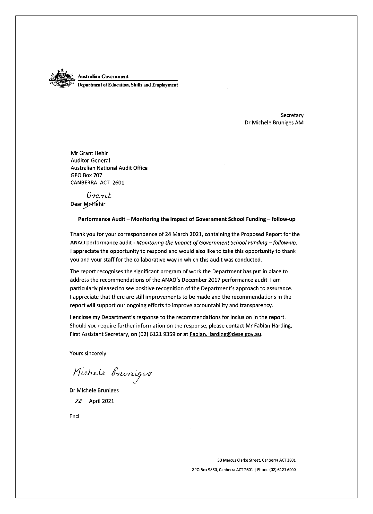 Response from the Department of Education, Skills and Employment. You can find a summary of the response in the Summary and Recommendations chapter of this report