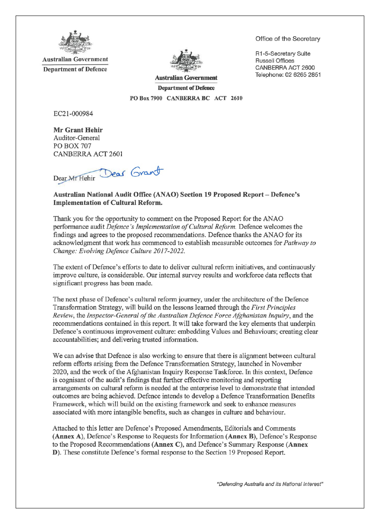 Page 1 of the Department of Defence’s response. You can see a summary of the response in the Summary and recommendations chapter of this report. 