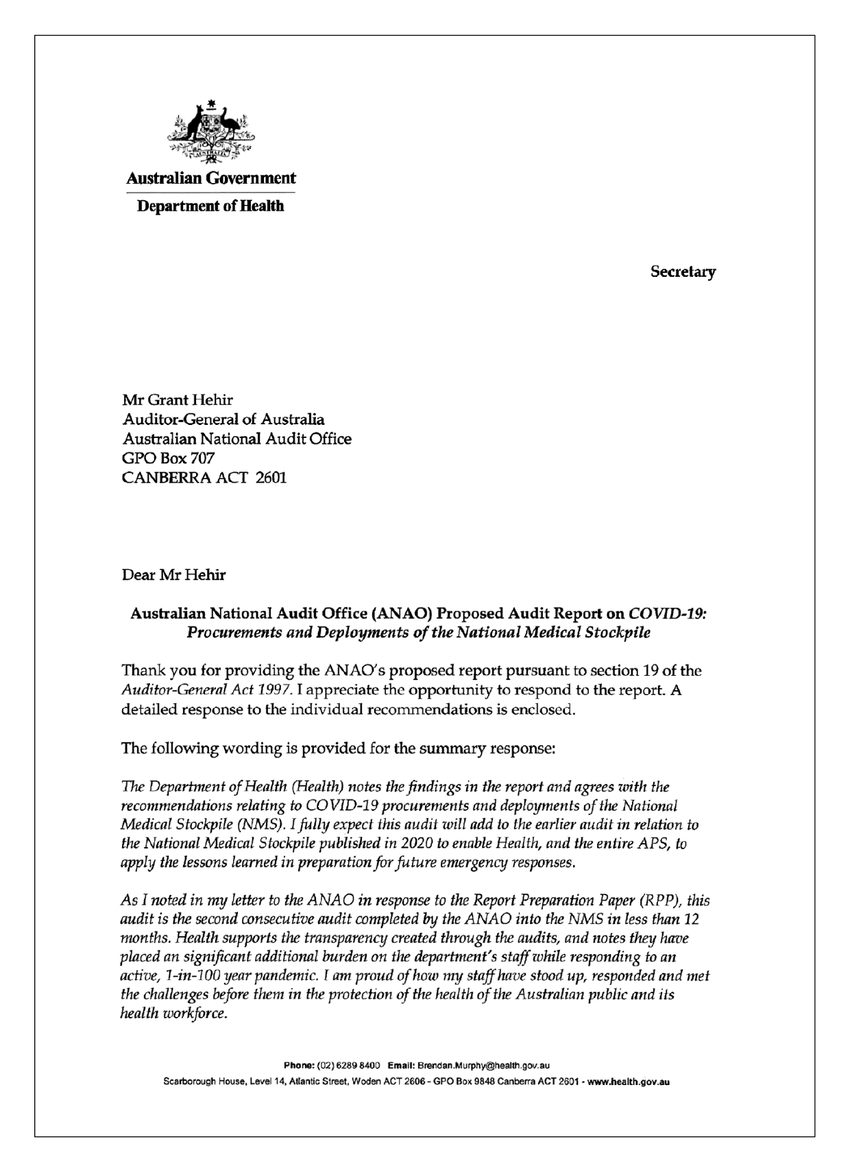 Page 1 of the entity response from the Department of Health. You can find a summary of the response in the summary and recommendations chapter of this report. 
