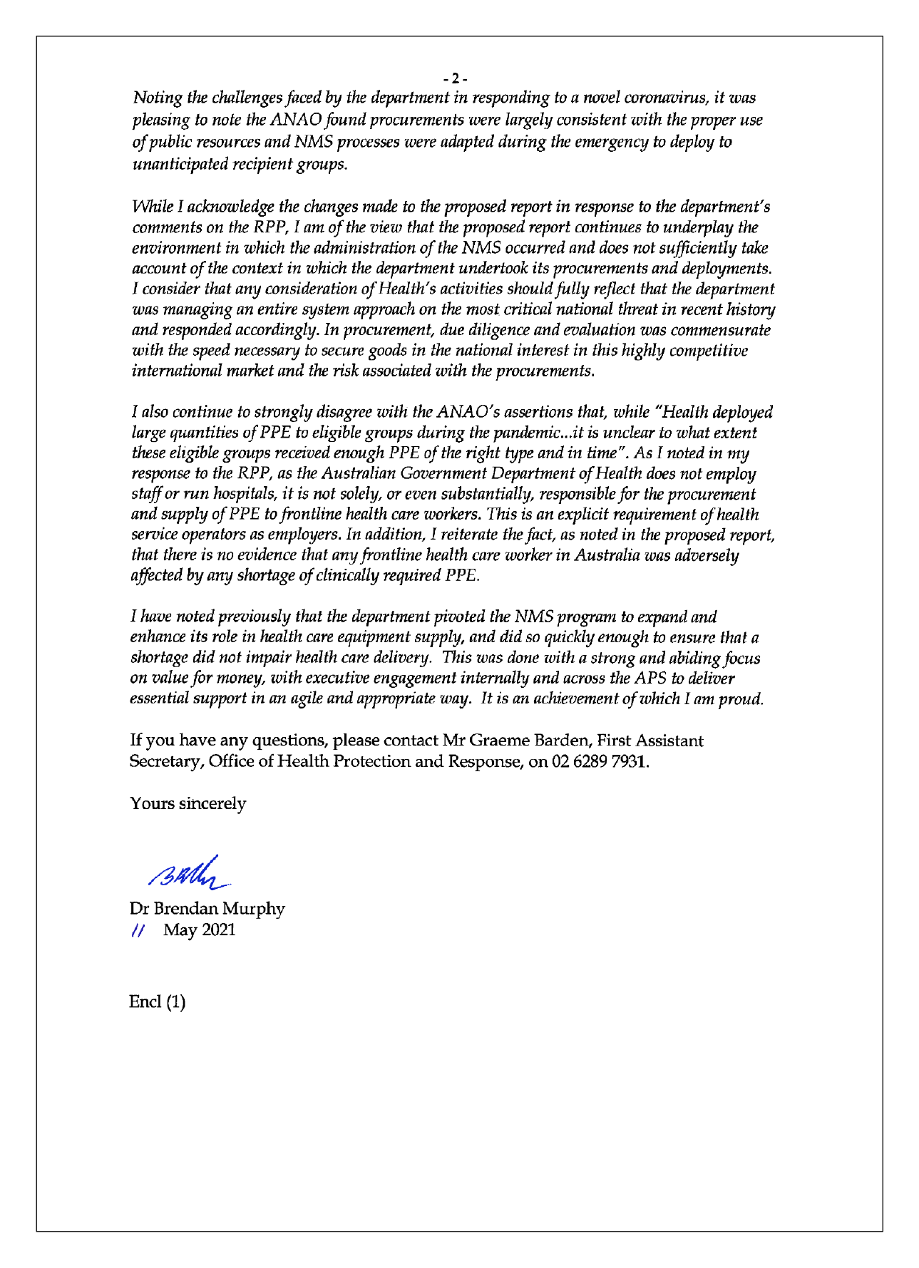 Page 2 of the entity response from the Department of Health. You can find a summary of the response in the summary and recommendations chapter of this report.