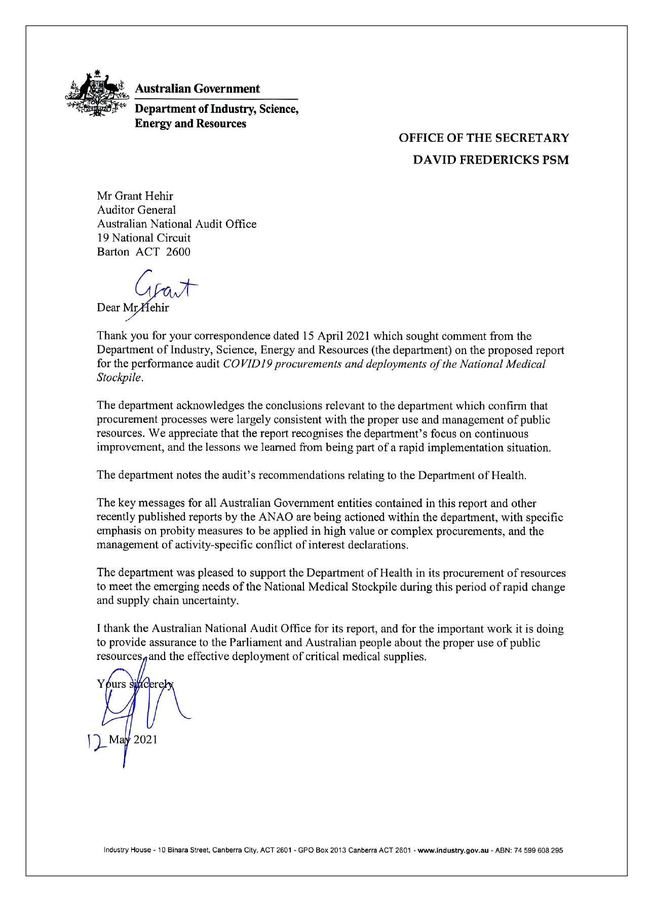 The entity response from the Department of Industry, Science, Energy and Resources. You can find a summary of the response in the summary and recommendations chapter of this report.