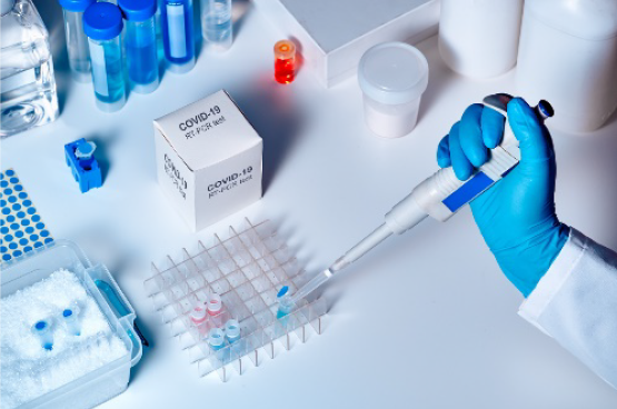 A gloved hand holding a RT-PCR test