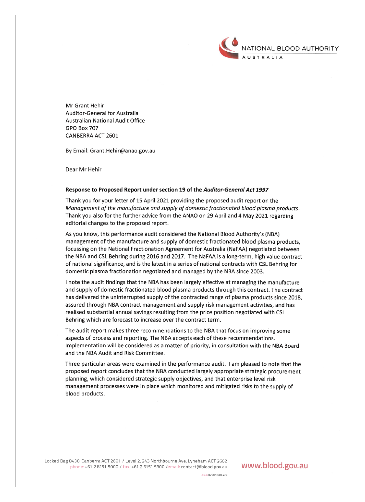 Page 1 of the response from the National Blood Authority. You can find a summary of the response in the summary and recommendations chapter of this report. Page 1 of the response from the National Blood Authority. You can find a summary of the response in the summary and recommendations chapter of this report.