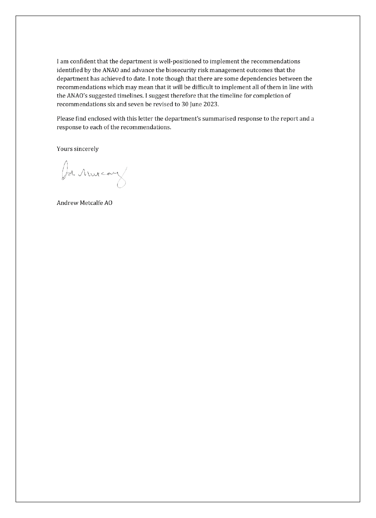 The second page of the response from the Department of Agriculture, Water and the Environment. You can find a summary of the response in the summary and recommendations chapter of this report. 