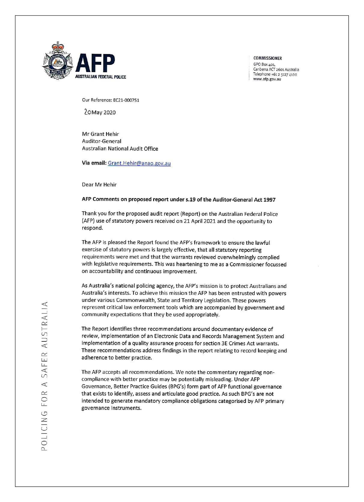 Page 1 of the response from the Commissioner of the Australian Federal Police