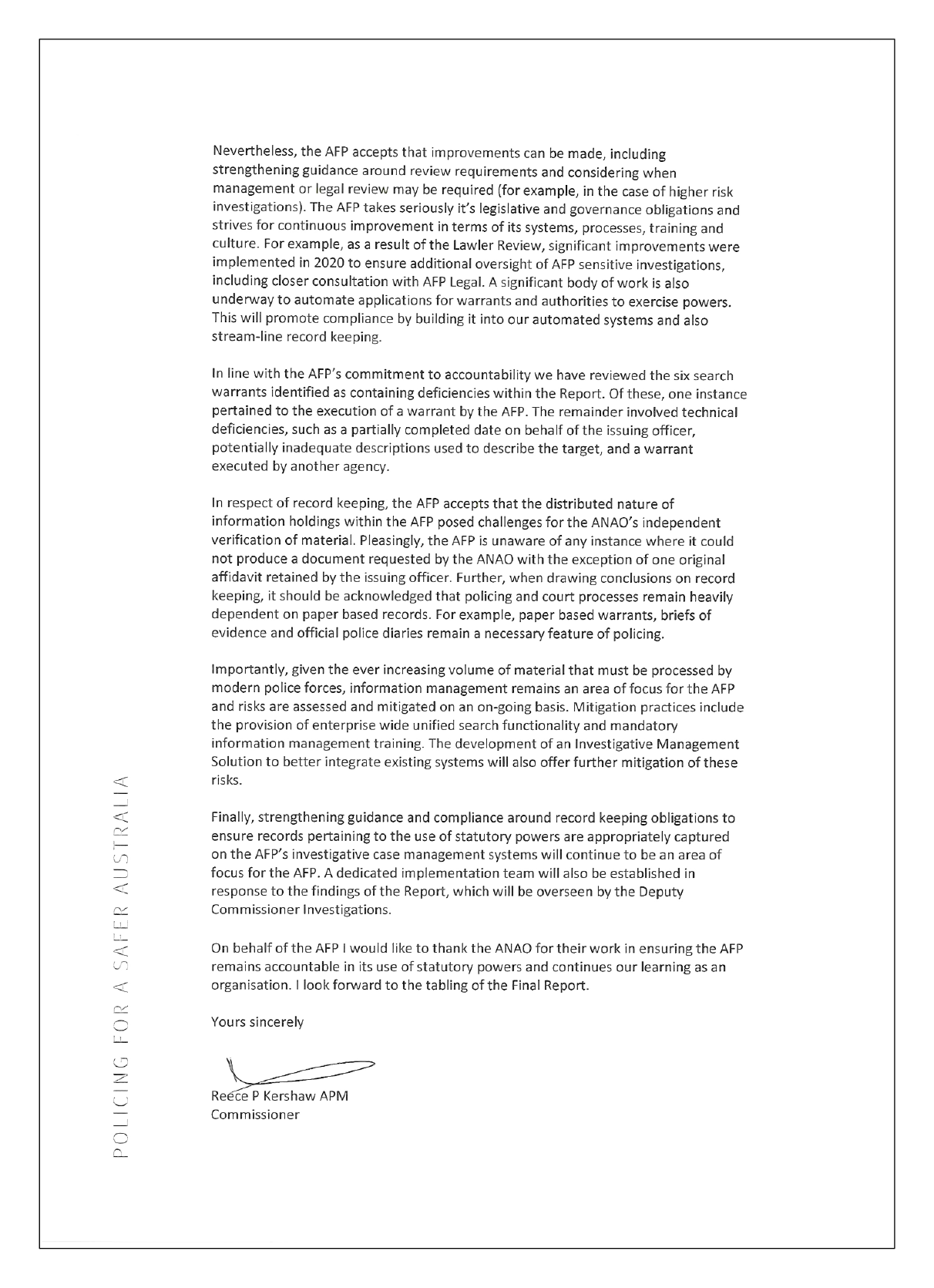 Page 2 of the response from the Commissioner of the Australian Federal Police.