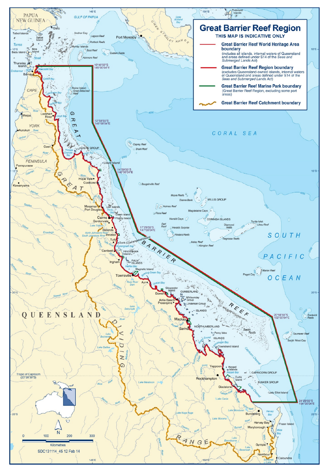 This map outlines the area known as the Great Barrier Reef Region. It includes the Great Barrier Reef World Heritage Area; The Great Barrier Reef Marine Park and the Great Barrier Reef Catchment. 