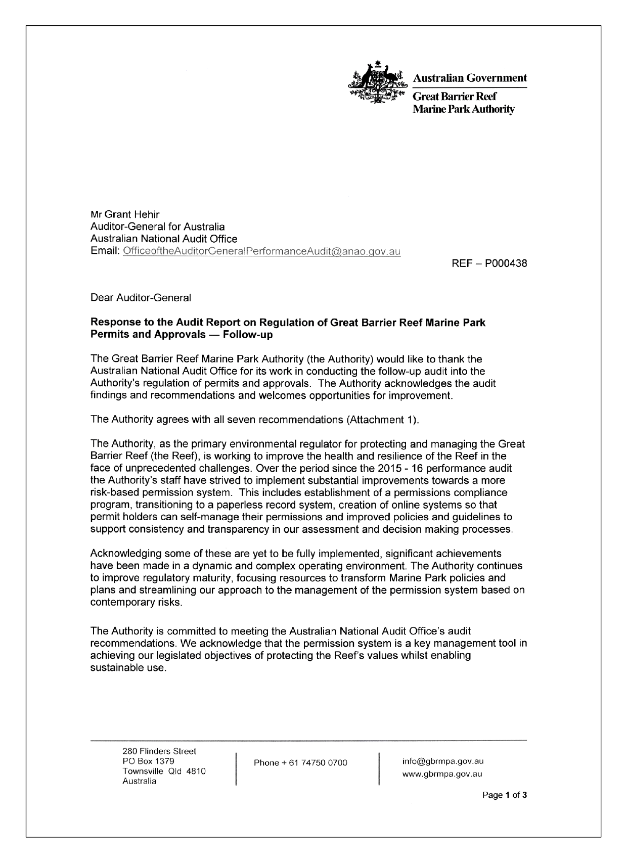 Page 1 of response from the Great Barrier Reef Marine Park Authority. You can find a summary of the response in the Summary and Recommendations chapter of this report. 