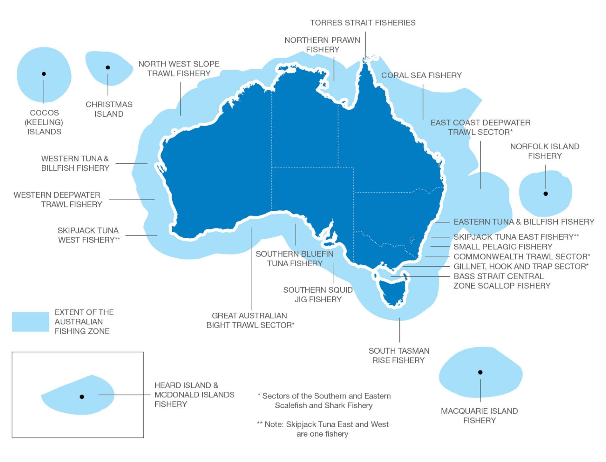 Outlines the extent of the Australian fishing zone and the geographical location of the 16 fisheries listed at Table S.1 and four sub-fisheries of the Southern and Eastern Scalefish and Shark fishery.