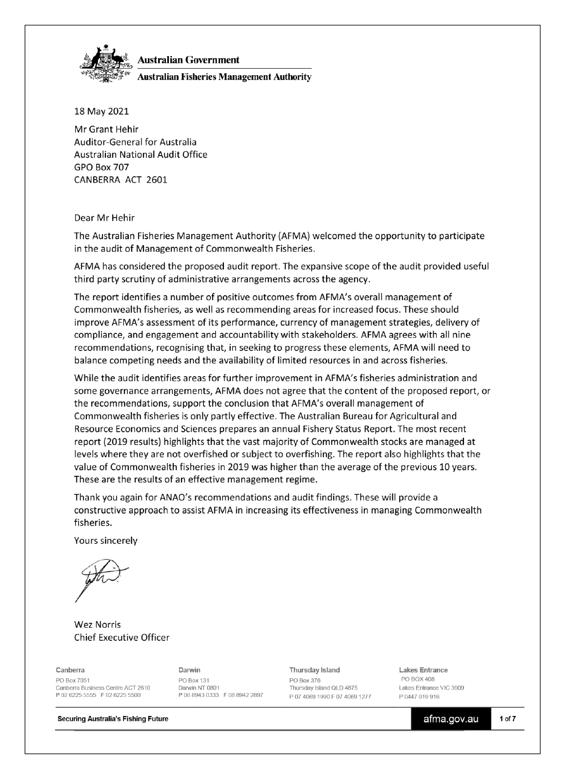 Response from the Australian Fisheries Management Authorities. You can find a summary of the response in the summary and recommendations chapter of this report. 