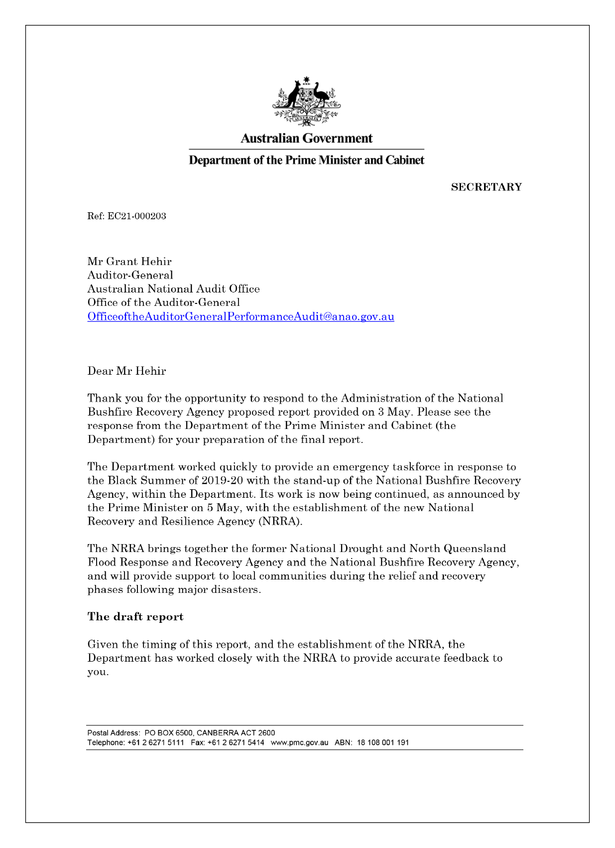 Page one of response from the Department of Prime Minister and Cabinet. You can find a summary of the response in the summary and recommendations chapter of this report. 