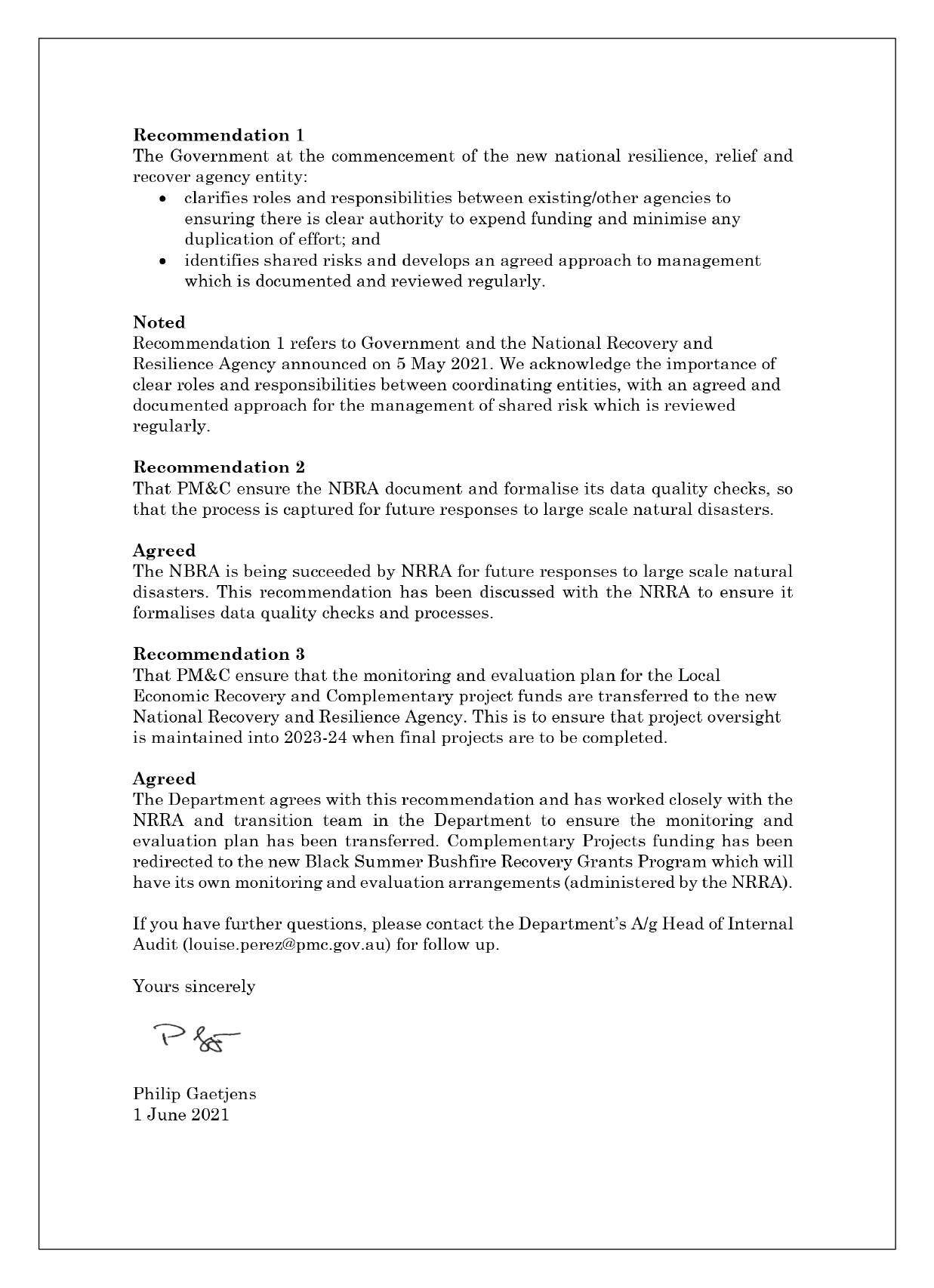 Page two of response from the Department of Prime Minister and Cabinet. You can find a summary of the response in the summary and recommendations chapter of this report. 