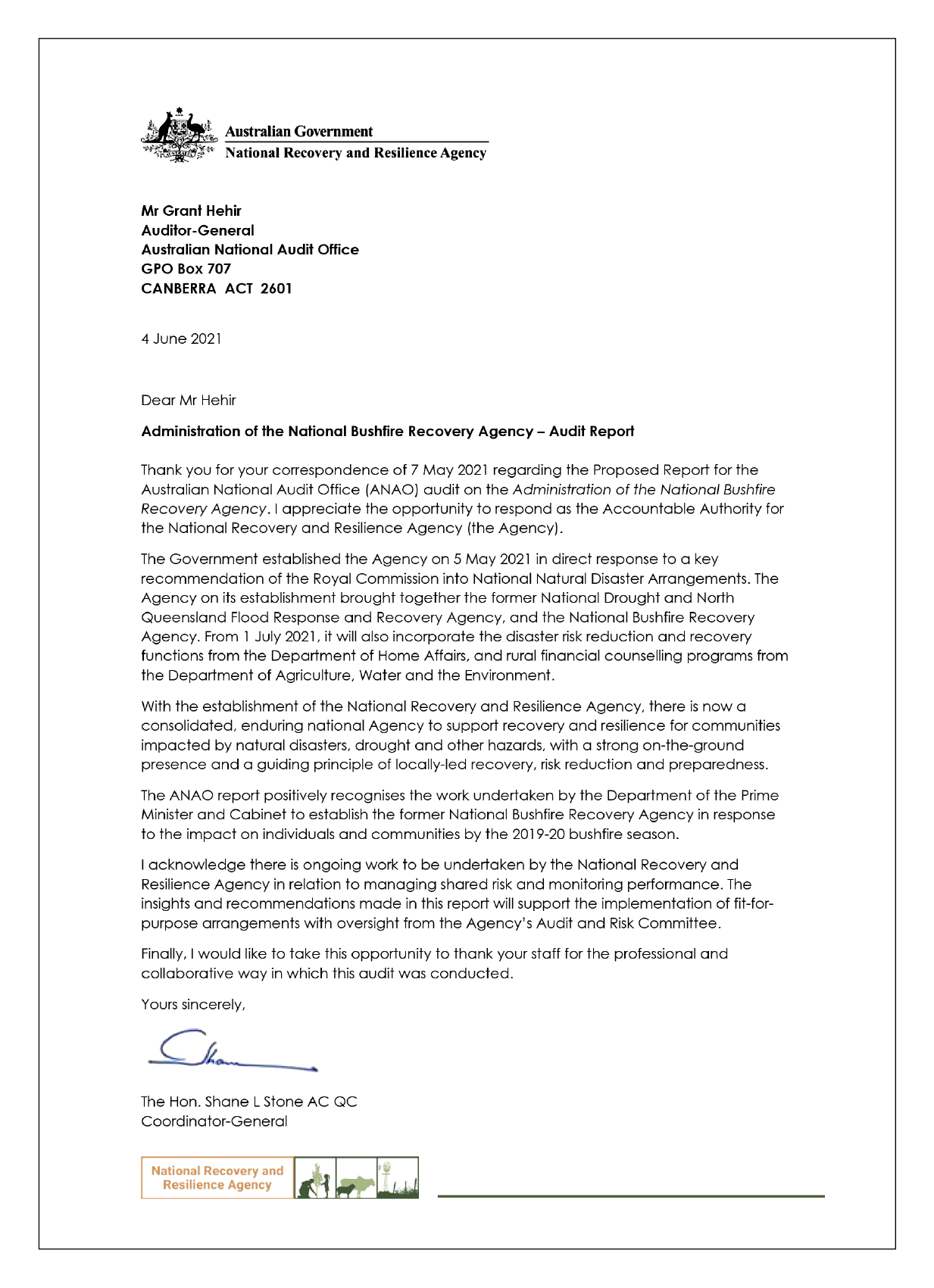 Page one of response from the National Recovery and Resilience Agency. You can find a summary of the response in the summary and recommendations chapter of this report. 