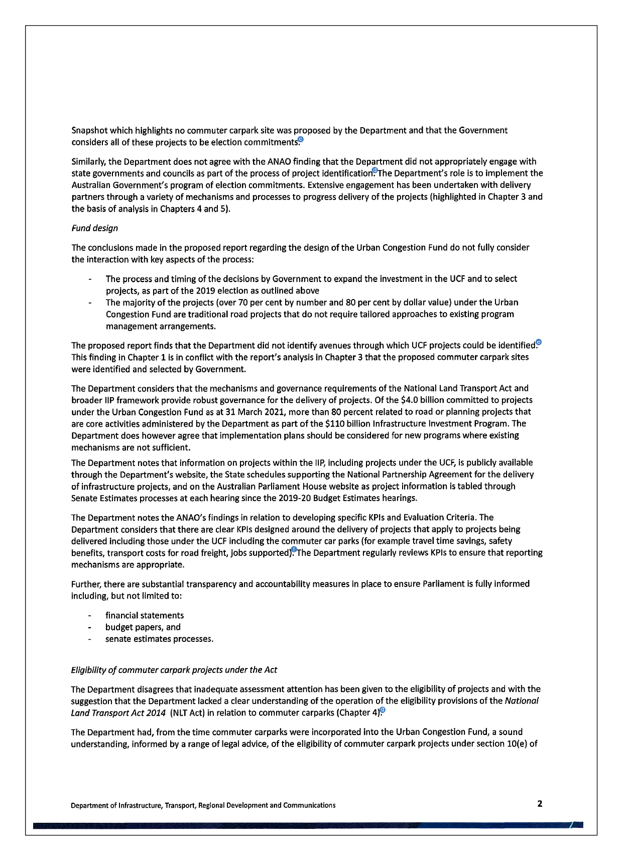 Page 2 of the response from the Department of Infrastructure, Transport, Regional Development and Communications