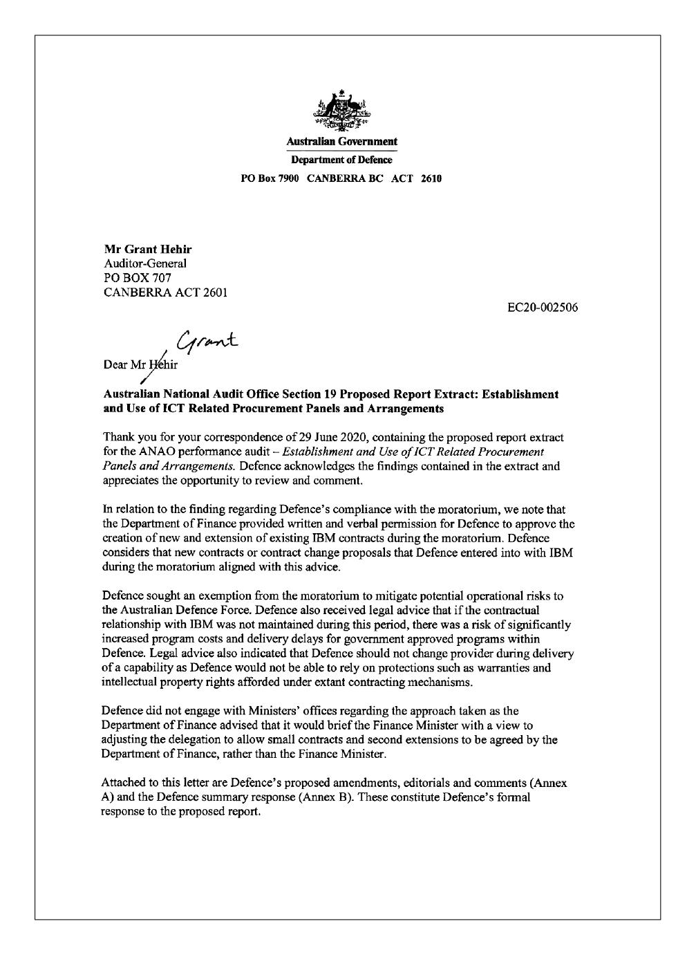 Page 1 of the entity response from the Department of Defence