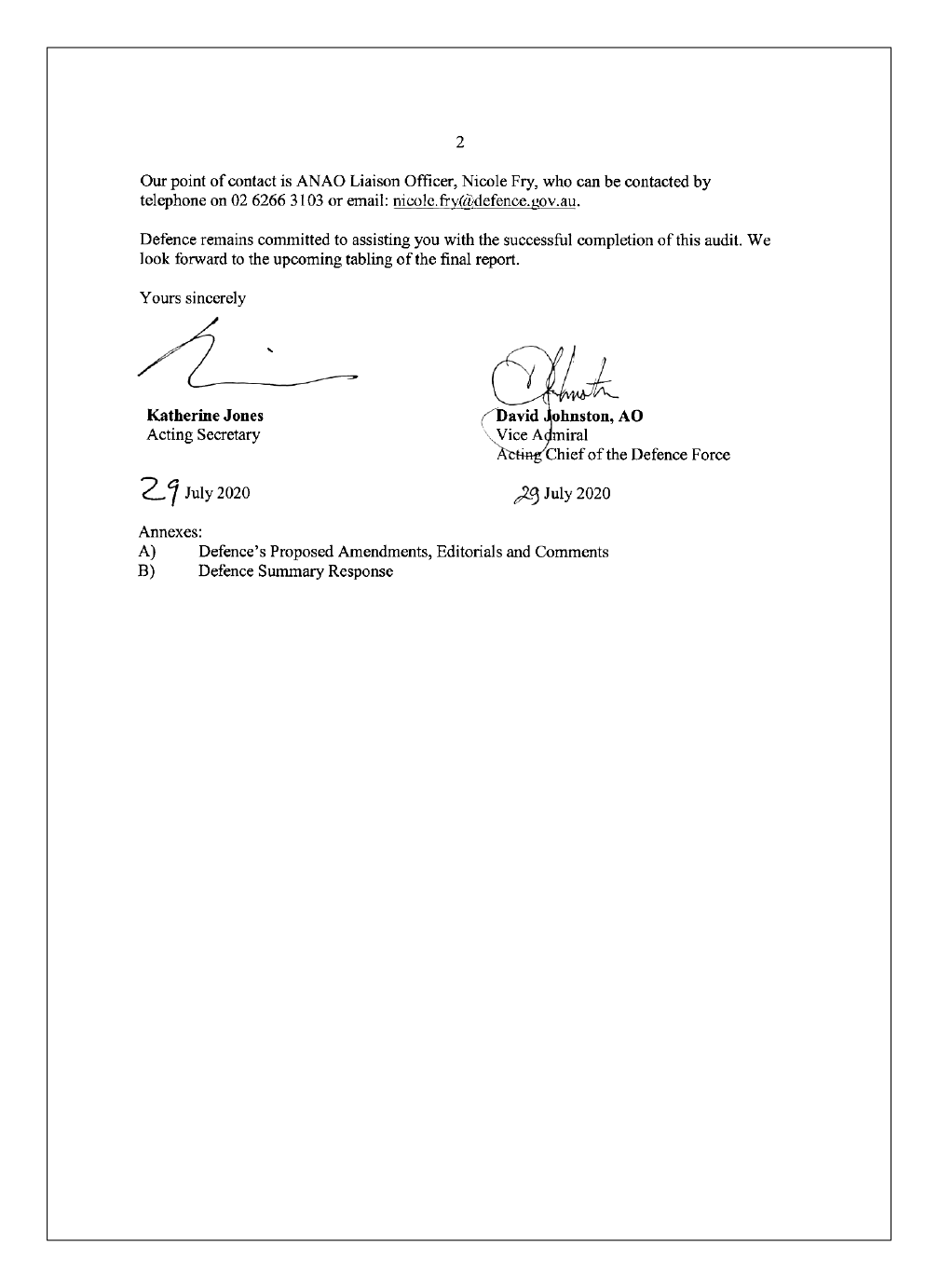 Page 2 of the entity response from the Department of Defence