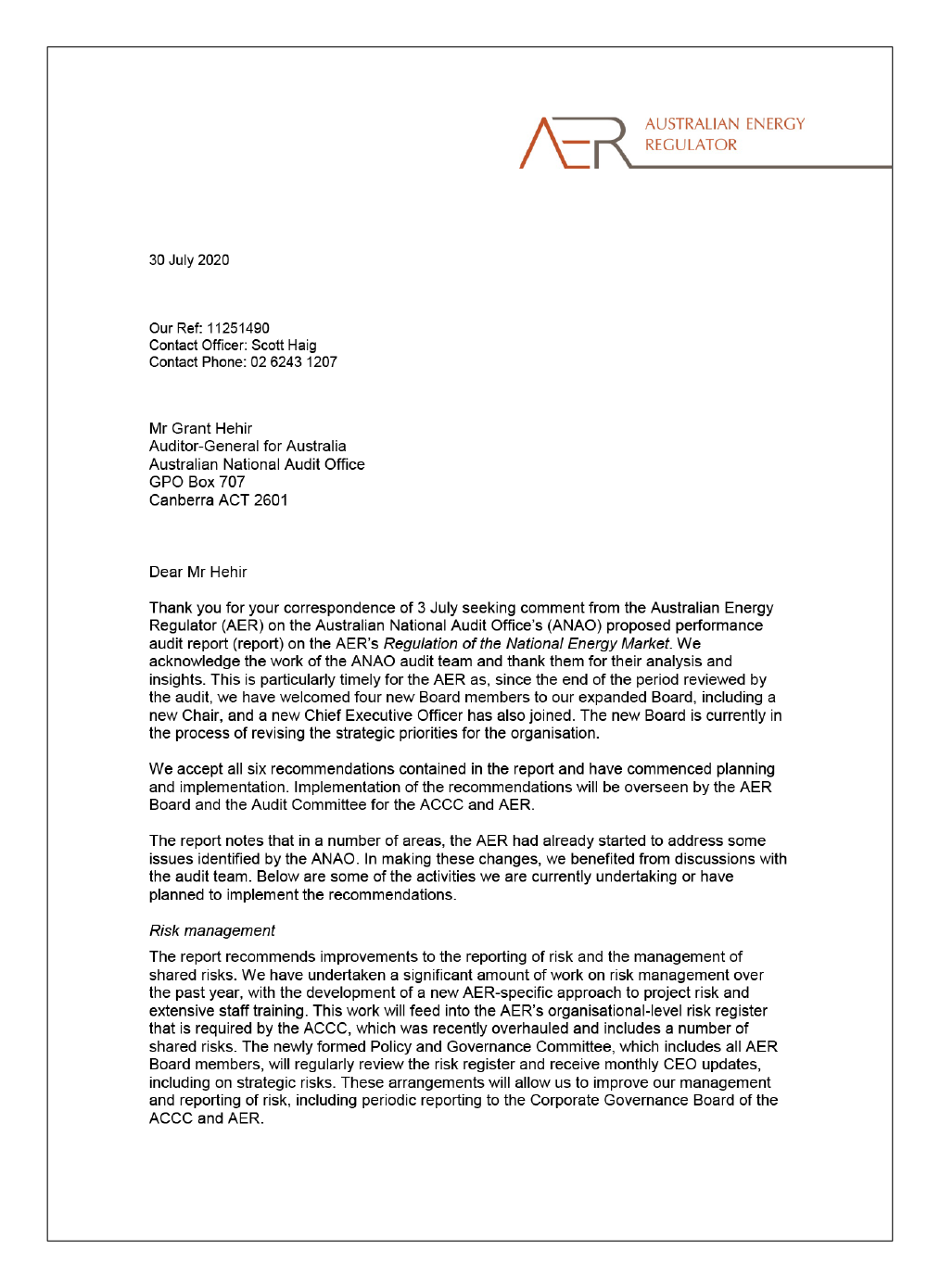 Page one of the entity response from the Australian Energy Regulator