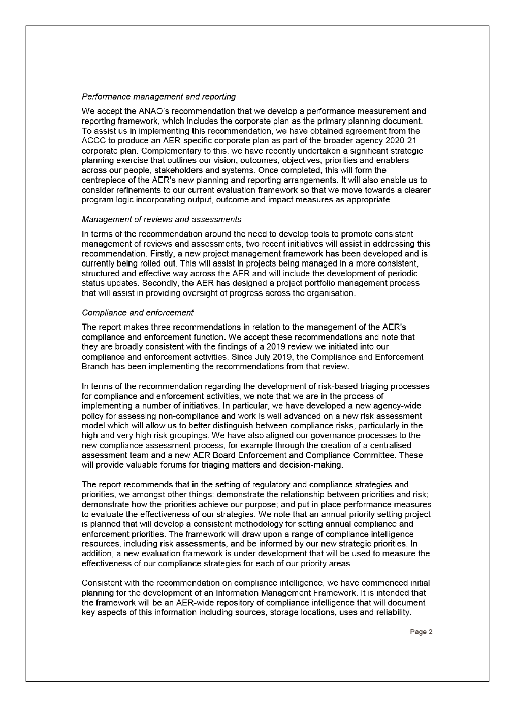 Page two of the entity response from the Australian Energy Regulator