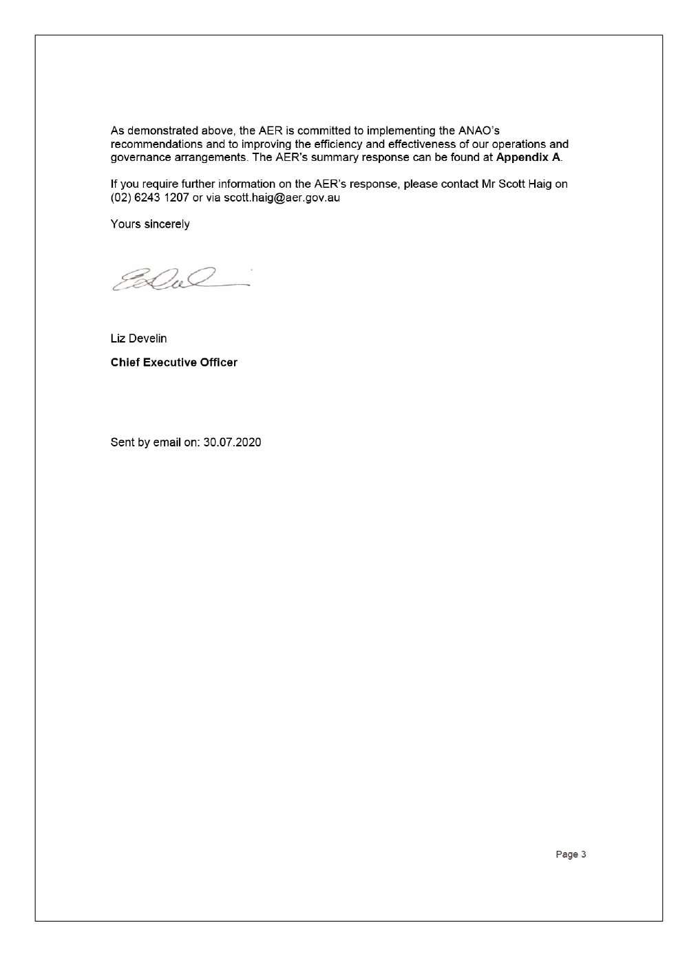 Page three of the entity response from the Australian Energy Regulator