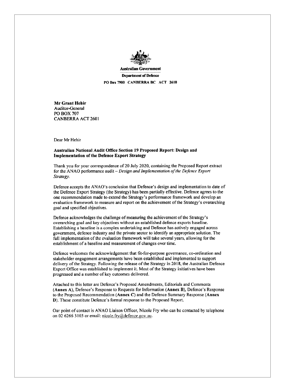 First page of response from the Department of Defence