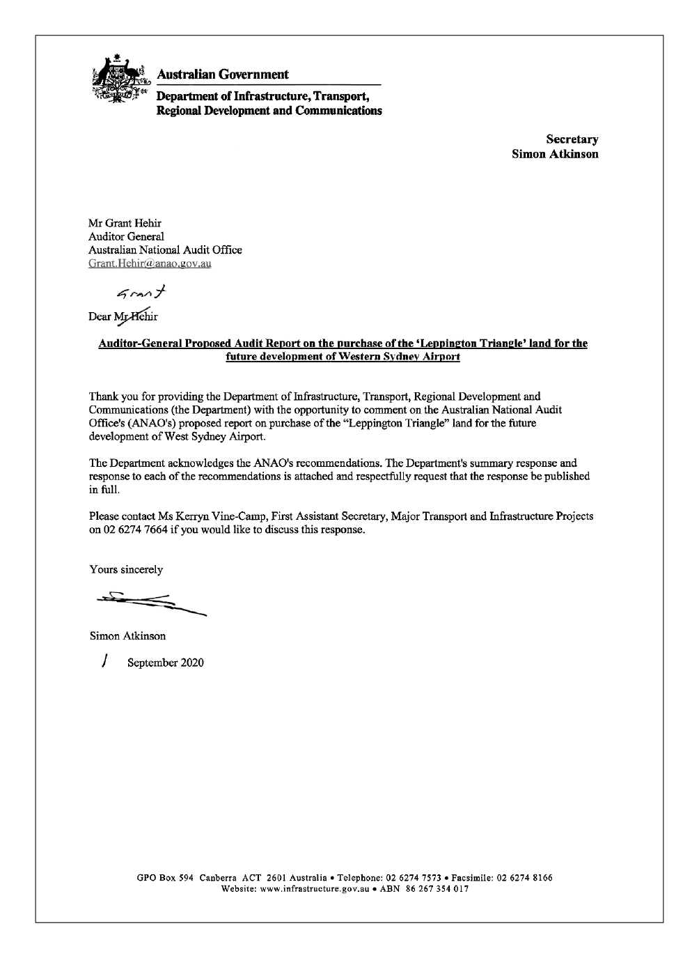 Page 1 of entity response from the Department of Infrastructure, Transport, Regional Development and Communications