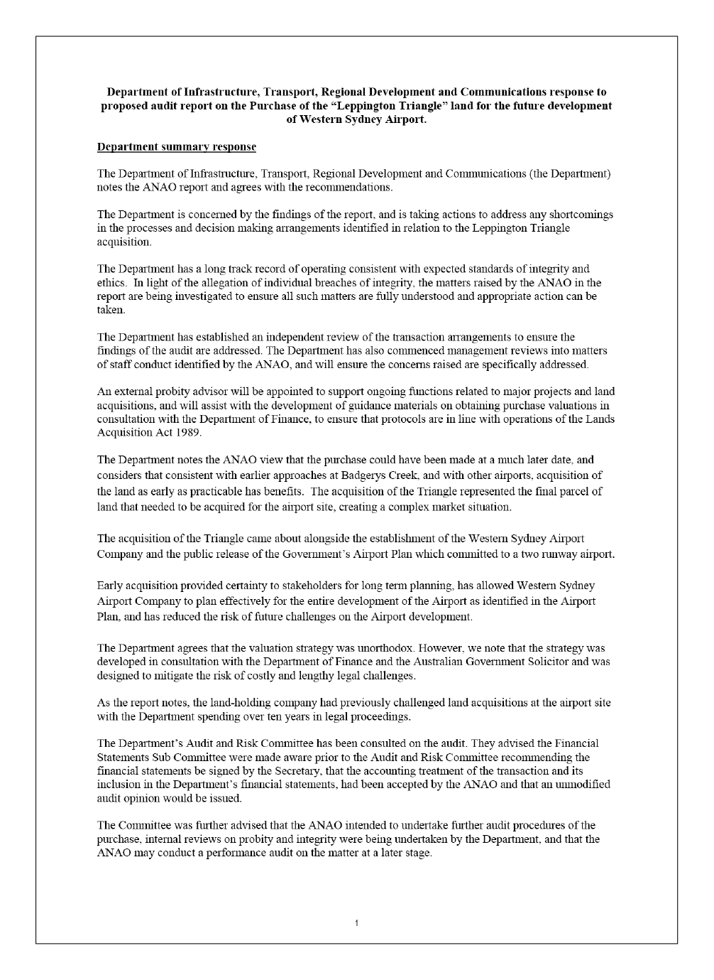 purchase of the leppington triangle land for the future development of western sydney airport australian national audit office purchase of the leppington triangle land for the future development of western sydney airport australian national audit office