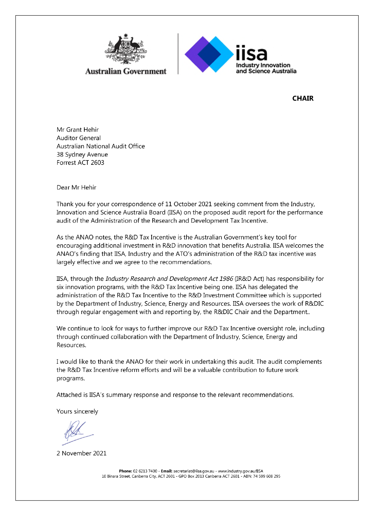The response from Industry Innovation and Science Australia. You can find a summary of the response in the summary and recommendations chapter of this report. The response from Industry Innovation and Science Australia. You can find a summary of the response in the summary and recommendations chapter of this report.