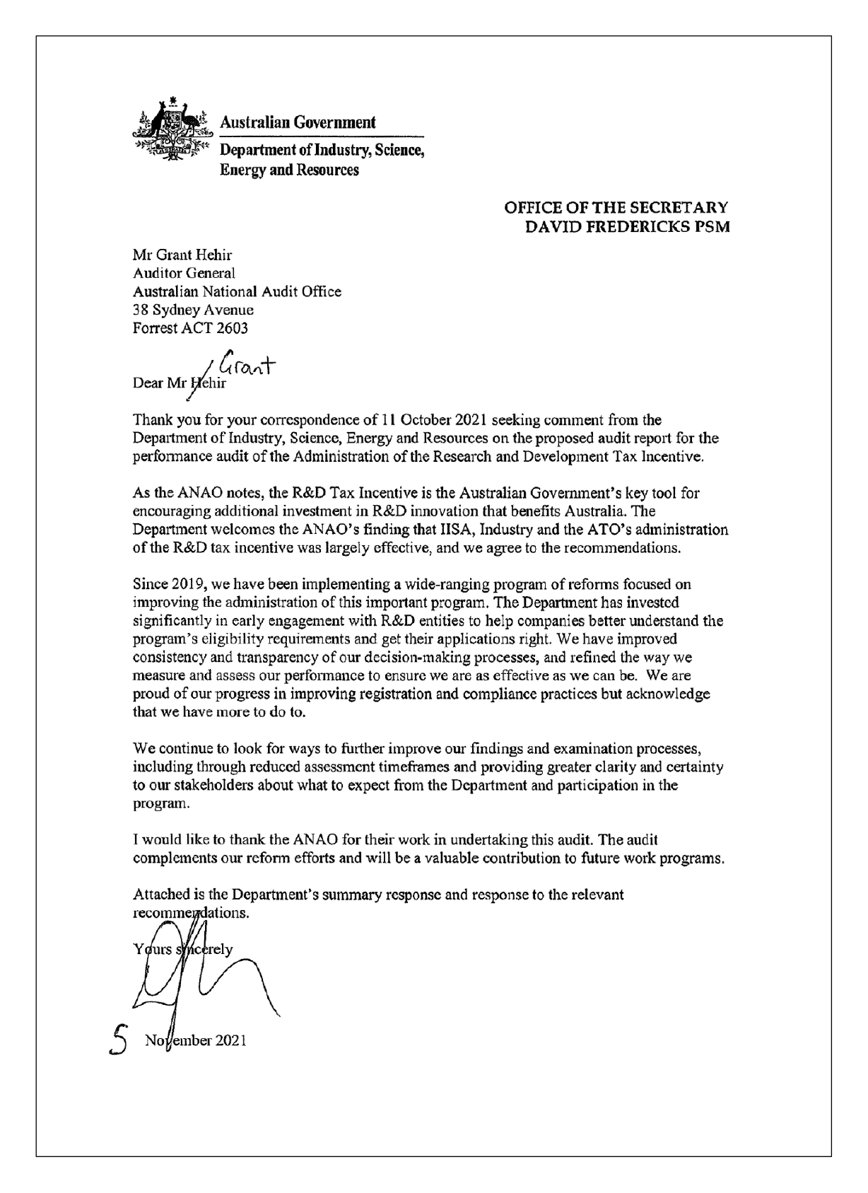 The response from the Department of Industry, Science, Energy and Resources. You can find a summary of the response in the summary and recommendations chapter of this report. The response from the Department of Industry, Science, Energy and Resources. You can find a summary of the response in the summary and recommendations chapter of this report.