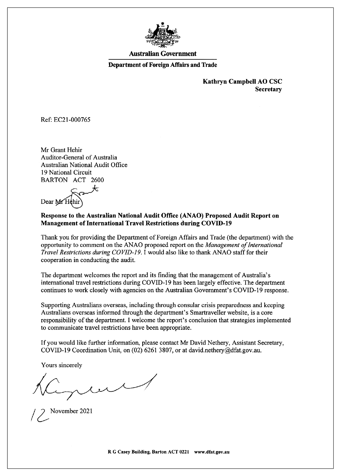 Response from the Department of Foreign Affairs and Trade. You can find a summary of the response in the summary and recommendations chapter of this report.