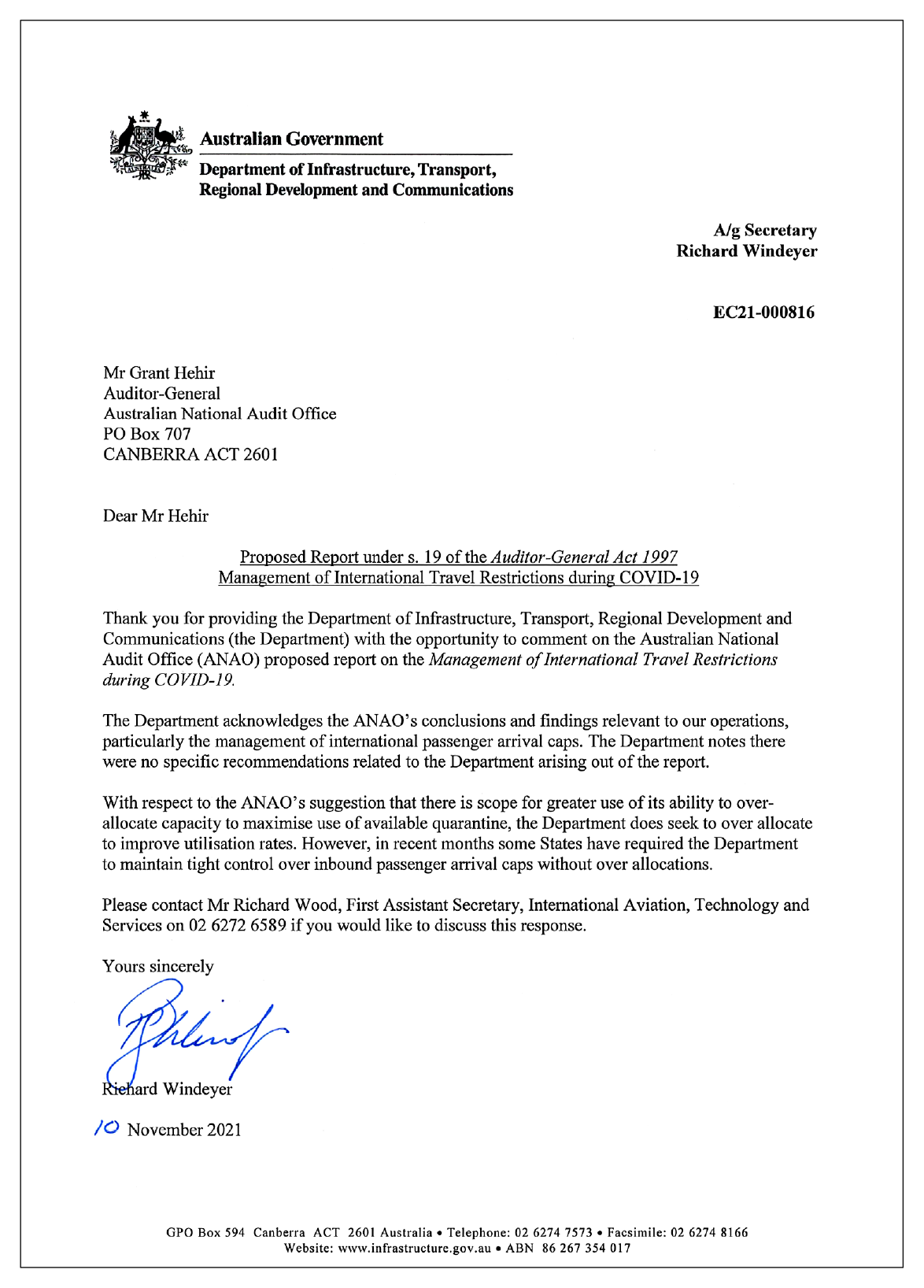 Response from the Infrastructure, Transport, Regional Development and Communications. You can find a summary of the response in the summary and recommendations chapter of this report.