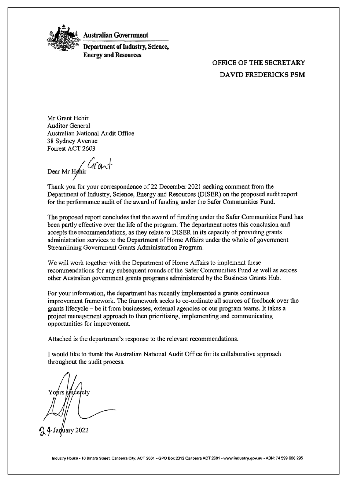 Entity response from the Department of Industry, Science, Energy and Resources. You can find a summary of the response in the summary and recommendations chapter.
