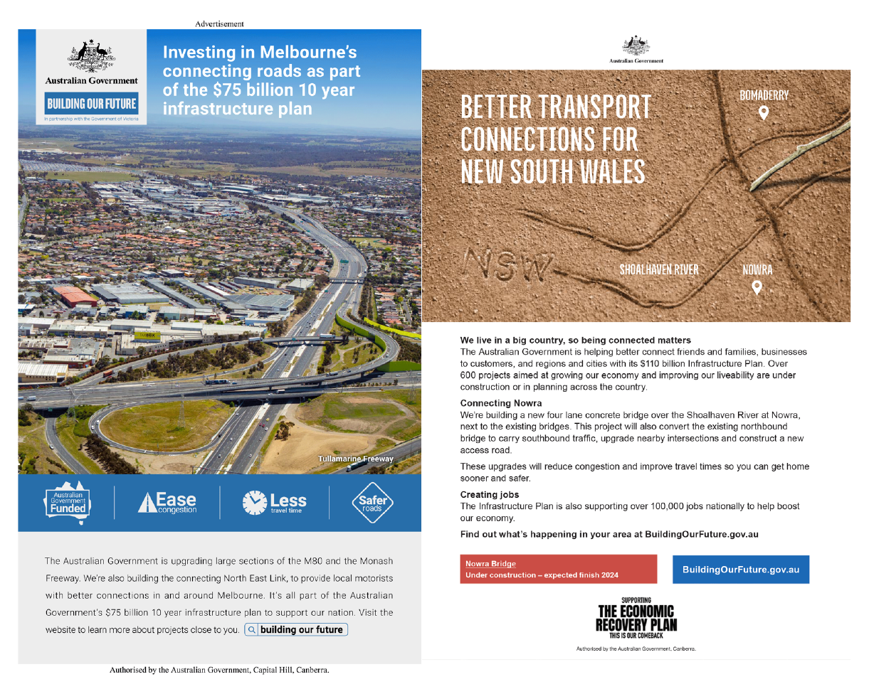 The figure depicts two images. The first is an image of the Tullamarine Freeway accompanied by images with the words Australian Government funded, ease congestion, less travel time and safer roads. The second image shows lines drawn in soil depicting a river with a bridge crossing it with the words NSW, Shoalhaven River, Nowra, and Bomaderry included. The accompanying text includes reference to building a bridge over the Shoalhaven River at Nowra. The figure depicts two images. The first is an image of the Tullamarine Freeway accompanied by images with the words Australian Government funded, ease congestion, less travel time and safer roads. The second image shows lines drawn in soil depicting a river with a bridge crossing it with the words NSW, Shoalhaven River, Nowra, and Bomaderry included. The accompanying text includes reference to building a bridge over the Shoalhaven River at Nowra.
