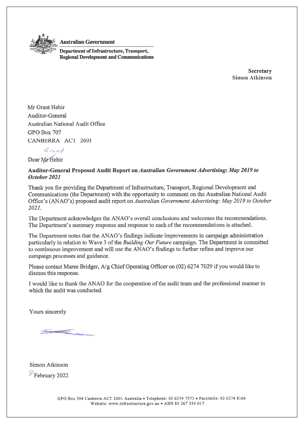 Response to the audit from the Department of Infrastructure, Transport, Regional Development and Communications. You can find a summary of the response in the summary and recommendations chapter of this report. Response to the audit from the Department of Infrastructure, Transport, Regional Development and Communications. You can find a summary of the response in the summary and recommendations chapter of this report.