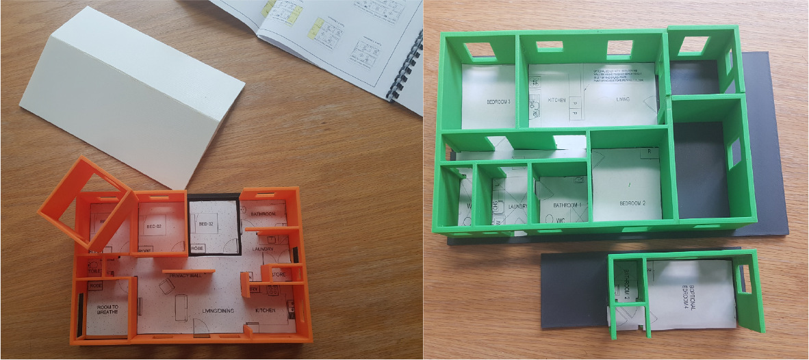 Two photos depicting modular housing models used to demonstrate options for new housing and extensions during the local decision-making process. 