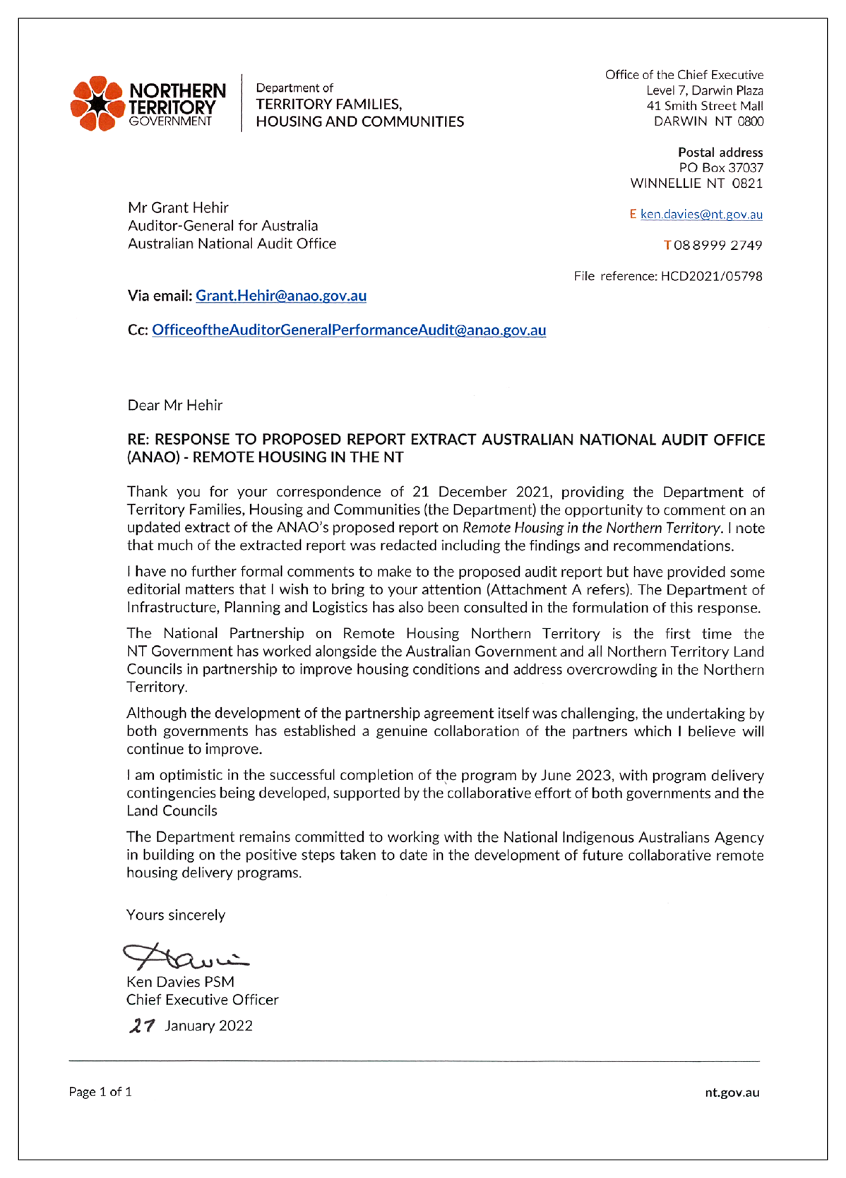 The response to the audit of the Department of Territory Families, Housing and Communities.