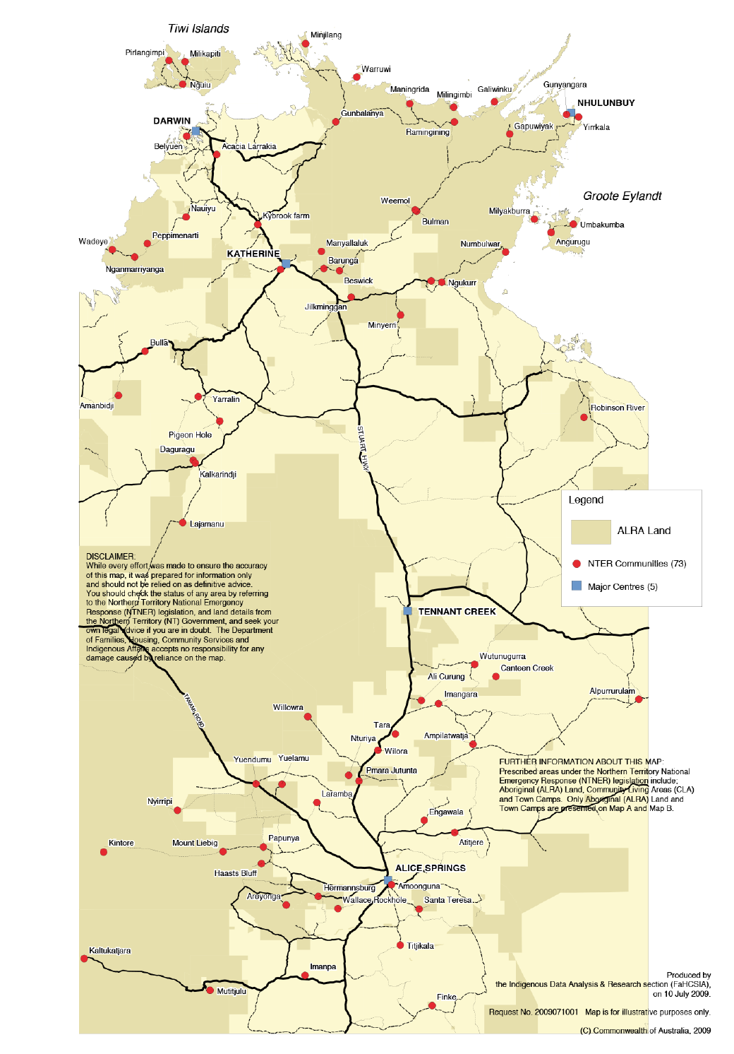 A map showing the geographical locations of Indigenous communities, Major Centres and Land returned to Traditional Owners under the Aboriginal Land Rights (Northern Territory) Act 1976, in the Northern Territory.