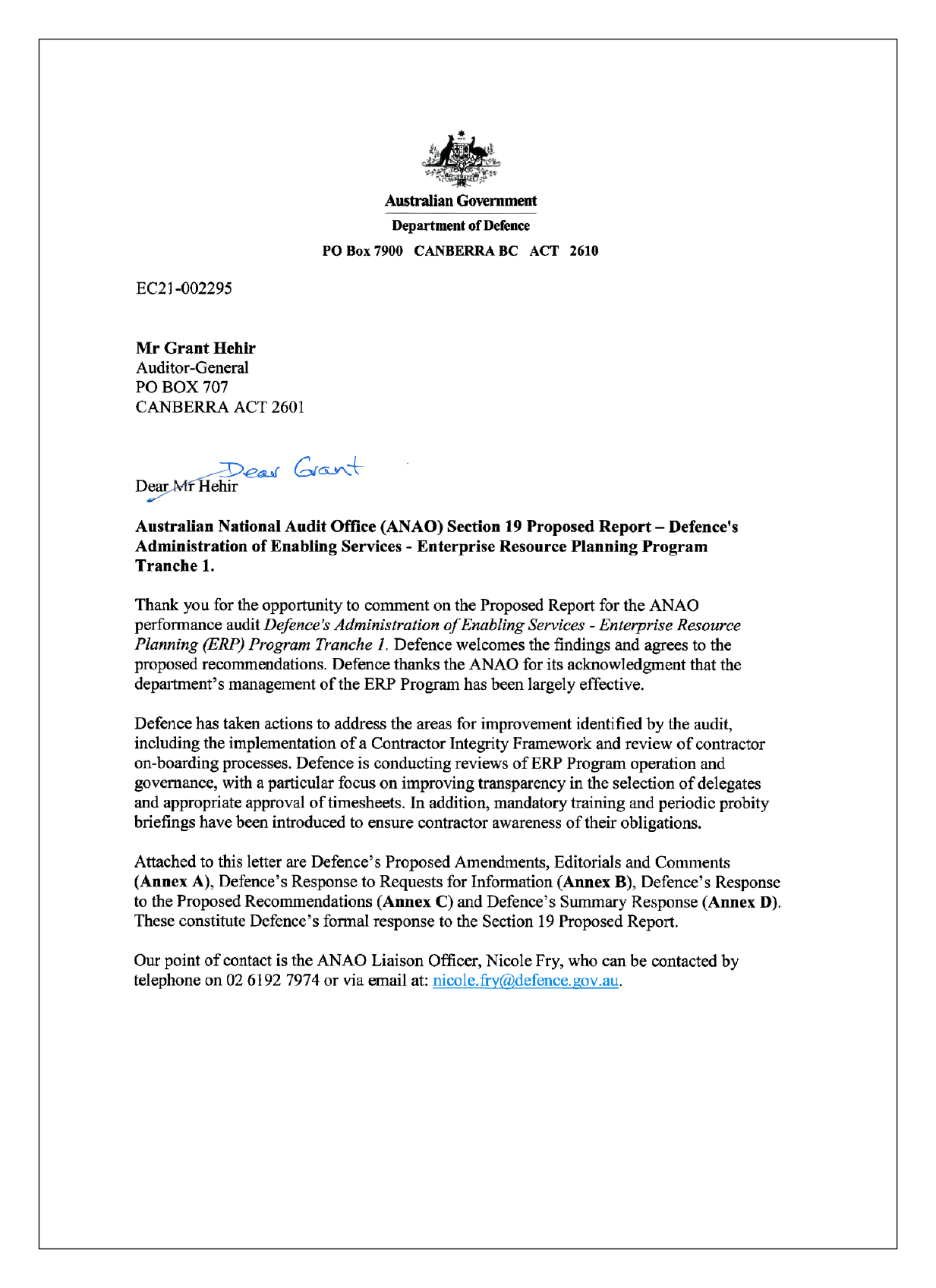 Page 1 of the response from the Department of Defence. You can find a summary of the response in the summary and recommendations chapter of this report. Page 1 of the response from the Department of Defence. You can find a summary of the response in the summary and recommendations chapter of this report.