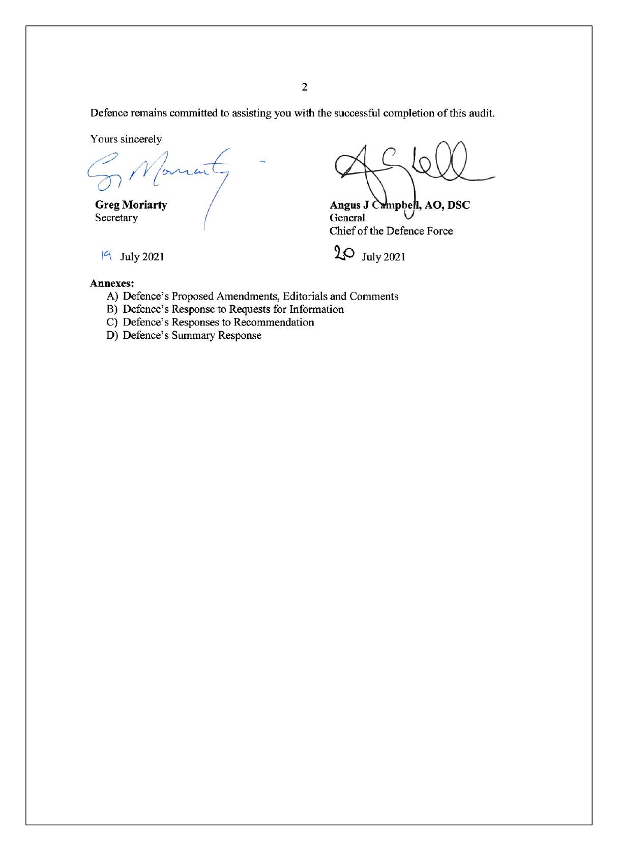 Page 2 of the response from the Department of Defence. You can find a summary of the response in the summary and recommendations chapter of this report. Page 2 of the response from the Department of Defence. You can find a summary of the response in the summary and recommendations chapter of this report.