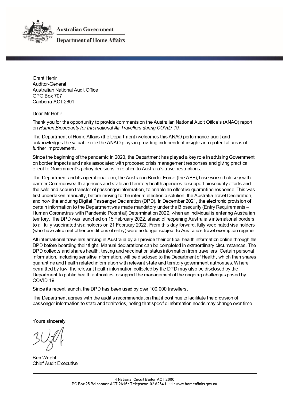 Response from the Department of Home Affairs. You can see a summary of the response in the summary and recommendations chapter. Response from the Department of Home Affairs. You can see a summary of the response in the summary and recommendations chapter.